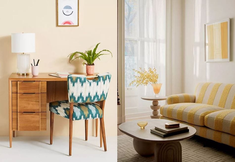 Anthropologie aesthetic furniture - Cecilia Willoughby Two-Cushion Sofa Bouclé & Linen & Quincy mid-century eucalyptus desk