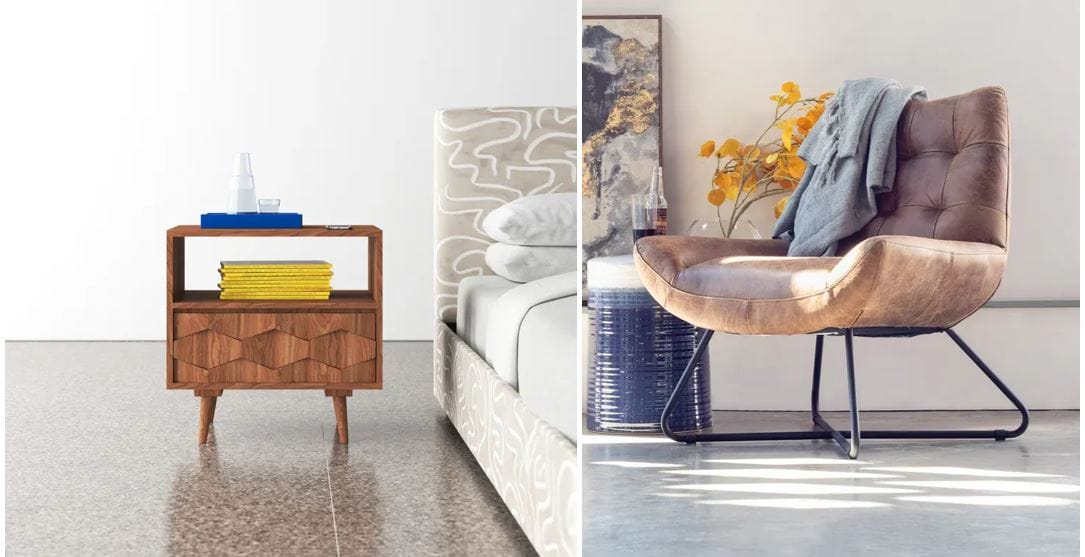 Apt 2B and Spoken furniture online: Mid-century wood nightstand with drawer and tapered legs & luxurious modern leather loung chair; retro home decor