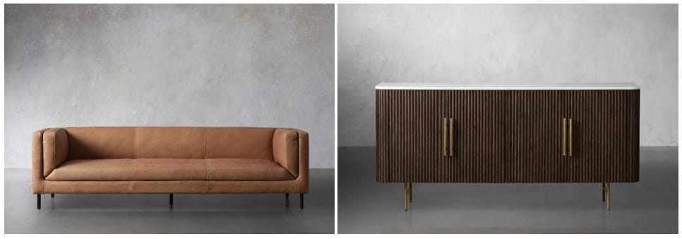 Arhaus furniture: Malta handcrafted leather sofa & white oak or finnish pine sideboard with marble, white marble, or bluestone top; dark academia living room furniture; buy furniture online