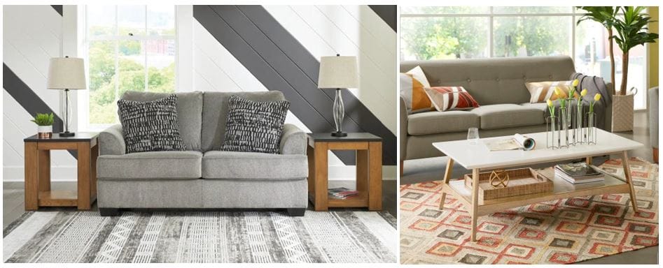 Ashely furniture online & Spoken online furniture deals: 67" contemporary loveseat with gray upholstery & mid-century two tone coffee tabletop; best furniture deals online; Ashley furniture online deals