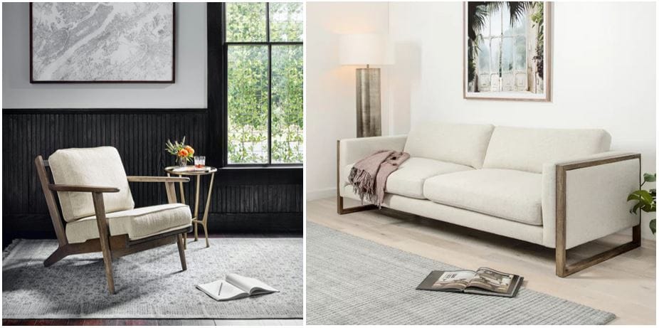 Spoken io & Burke Decor furniture: Chic plush accent chair with off-white cushion & linen and distressed wood softa; modern minimalist home decor; home goods store