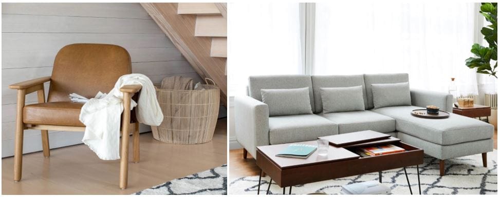Burrow furniture: Camel-colored leather Danish mid-century inspired accent chair; gravel-colored modular sofa with built-in USB charger; contemporary Scandi furniture style