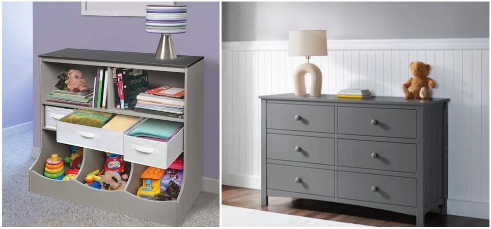 Spoken io and Buy Buy Baby furniture: Kids grey and white storage unit with baskets & gray dresser for baby toddler nursery; nursery furniture online