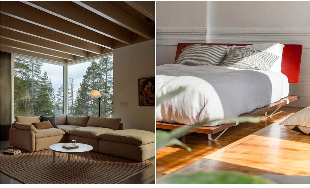 Floyd Home furniture: comfortable cozy sectional and bed frame with colored headboard; sustainable and eco friendly furniture company