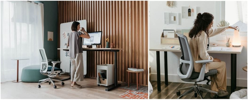 Haworth Furniture: home office sit to stand desk and desk with customizable base and surface colors; work from home office design