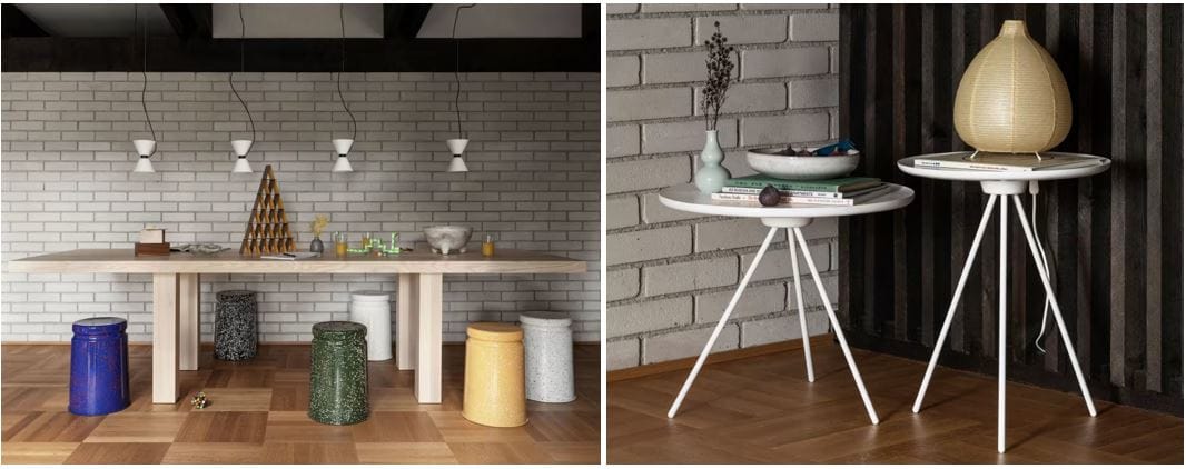 Hem Furniture: Last durable and functional metal stool in bright colors with paint splatters & side table made of ash or walnut on tripod legs; modern home furnishings