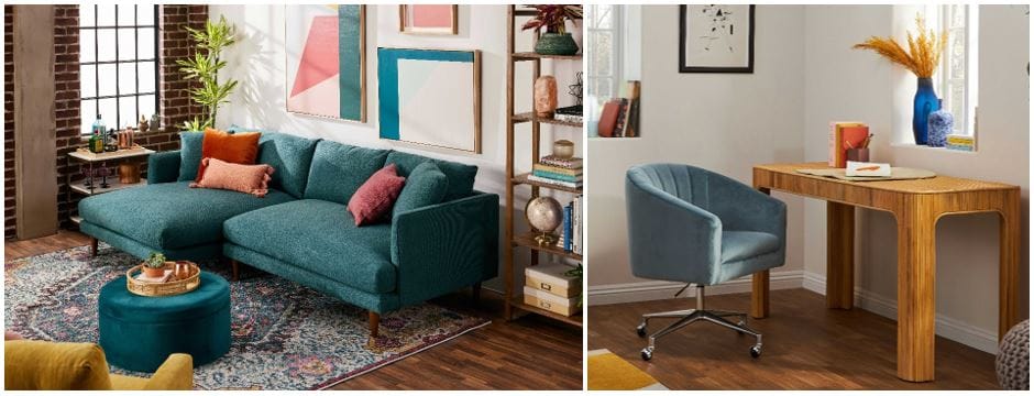 Joybird furniture: teal-colored sectional with pops of color & 70s inspired honey-colored rattan deskwith removable faux leather pad; mid-century modern furniture; retro inspired furniture; art deco home
