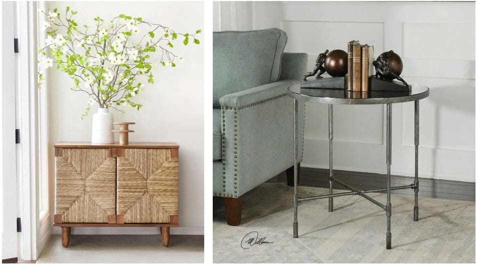Kathy Kuo Home and Spoken io online furniture: functional natural living room furniture 38" sideboard cabinet & contemporary industrial round side table; affordable home furnishings for modern homes