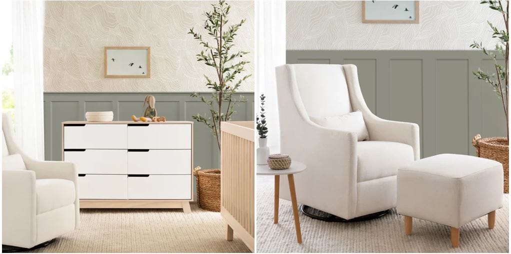 Lullaby Baby and Spoken furniture: Mid-century modern 6-drawer dresser for baby or toddler bedroom & cream swivel glider with ottoman