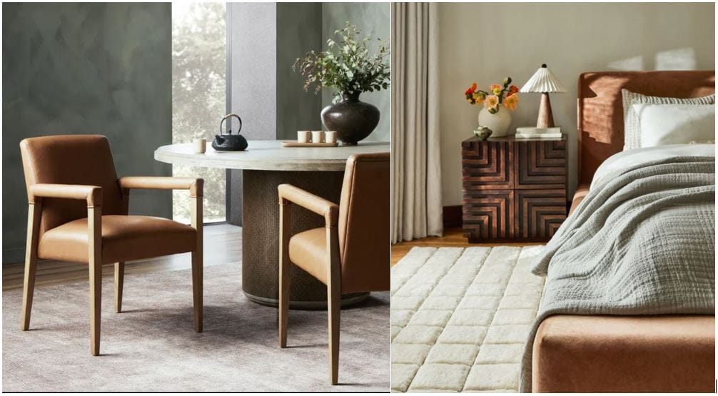Sierra Butterscotch Leather Upholstered Arm Chair & Cinzia Dark Brown Solid Hardwood 2-Drawer Nightstand - Spoken & Lulu and Georgia