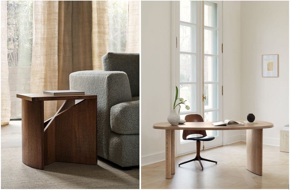 Maiden Home furniture: handcrafted side table (white oak or walnut) & modern sculpture desk; handmade in USA North Carolina