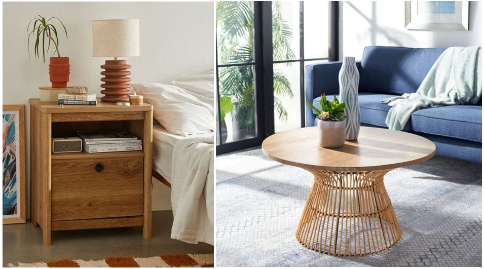 Spoken.io and Modish Store: Modern rustic oak nightstand with hidden drawer & rustic coastal mango wood and black rattan coffee table; coastal home decor style
