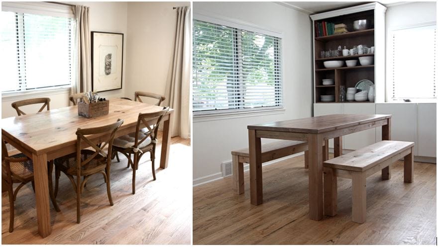 North Field Store furniture: handmade rustic kitchen table & Parsons farmhouse kitchen and dining table with bench; handmade in Chicago