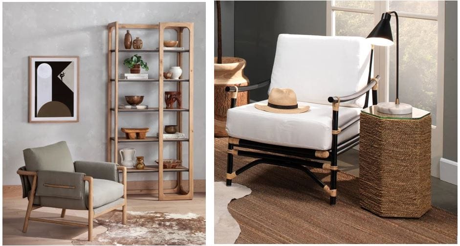 Spoken io & One Kings Lane furniture online: Olive-colored accent chair contemporary home furniture & modern coastal seagrass end table