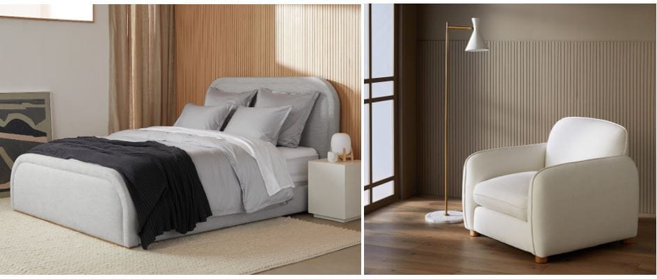 Parachute living room and bedroom furniture: light grey bed frame with footboard & cream washed linen pillow chair; modern home furniture online