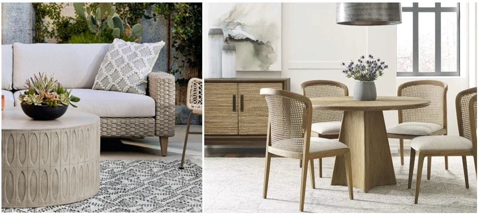 Spoken io and Perigold furniture: Colorado Contemporary Round Drum Coffee Table in Dark Grey & 1950s inspired Wood Dining Table with Bronze Inlay; contemporary luxury furniture