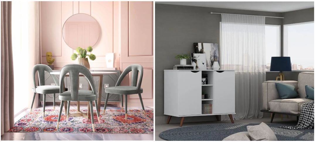 Rooms to Go & Spoken.io furniture online: plush gray velvet side chairs around dining table & white media console cabinet/tv bench; aesthetic furniture online store