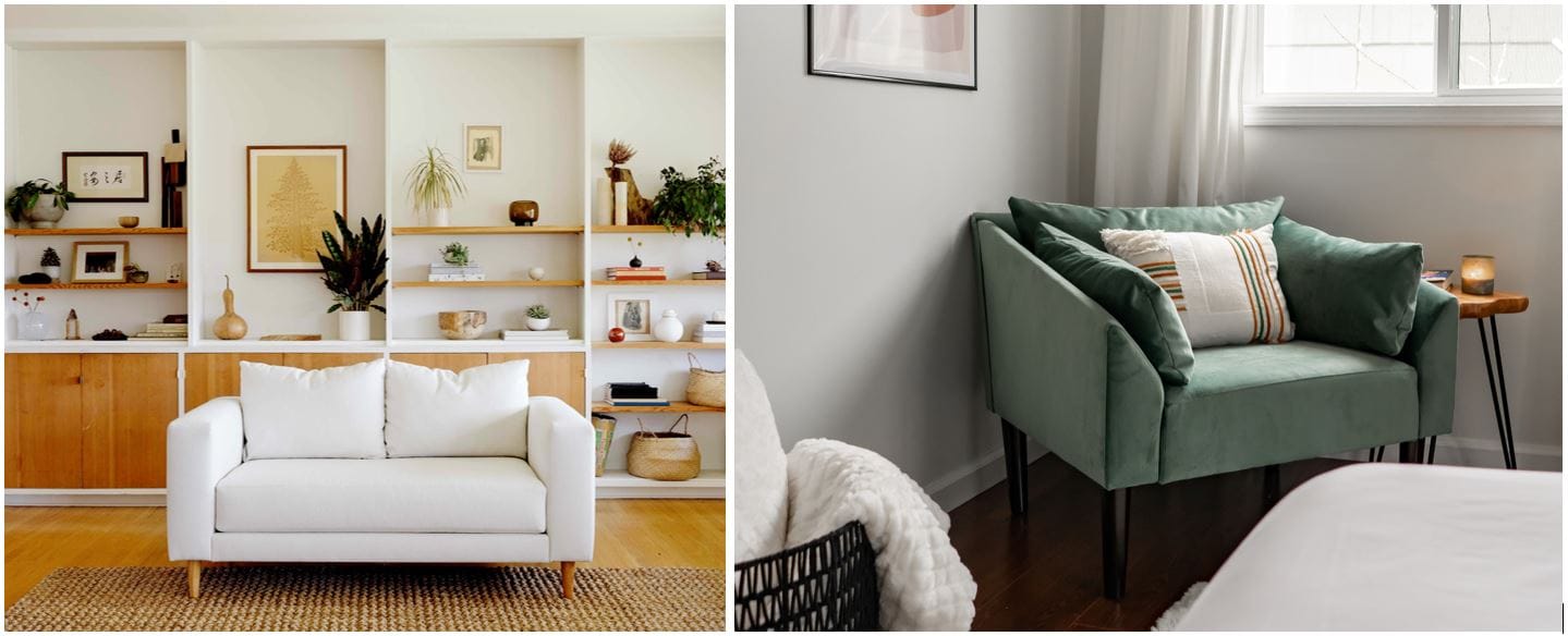 Sabai Design furniture: stylish and sustainable modern loveseat and armchair; handmade in the USA