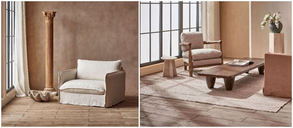 Sixpenny furniture online: soft comfortable minimalist Neva chair & Nagaland inspired coffee table carved from reclaimed Chinese pine; customizable furniture online