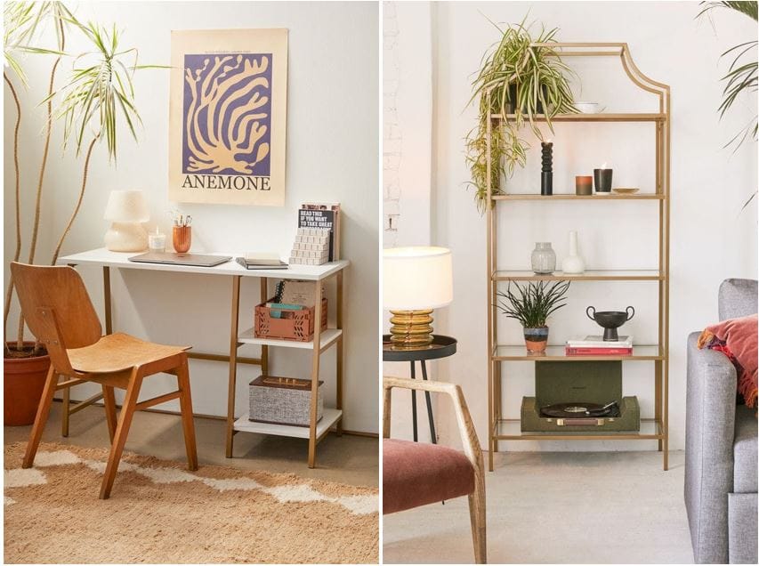 Spoken io & Target furniture online: modern white desk with brown wooden chair & gold 5-tier bookcase from Target with plants and record player; 1970s interior design