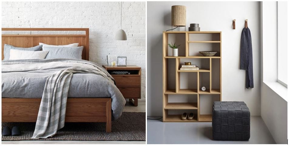 Unison Home furniture online: Scandinavian-inspired modern bed frame queen & dark gray cube ottoman to complement any modern furniture collection; modern furniture and home decor
