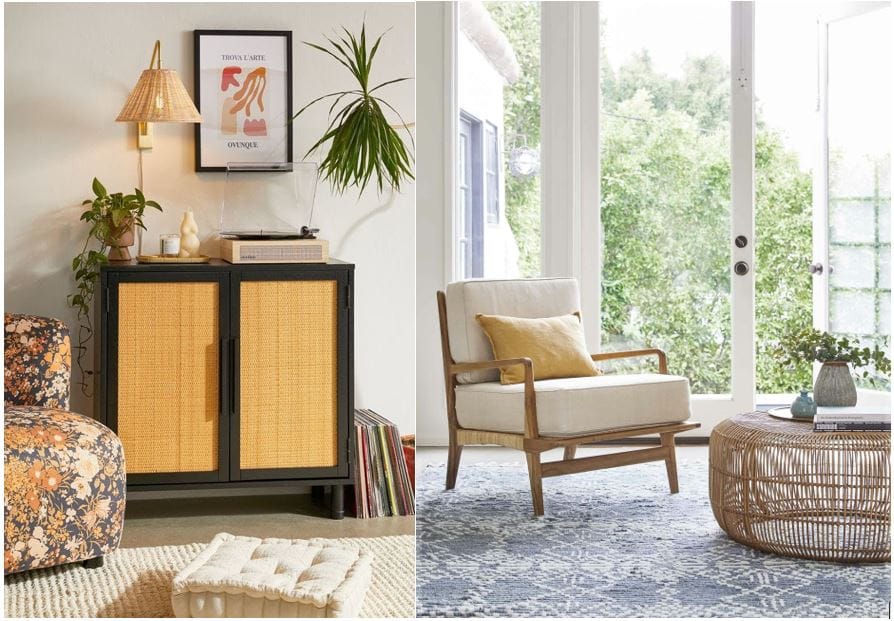 Wayfair & Spoken furnishing store: Delancey Boho-Modern Black/Brown Rattan 2-Door Storage Cabinet & Handcrafted Off-White Cotton and Teak Rattan Accent Chair 
