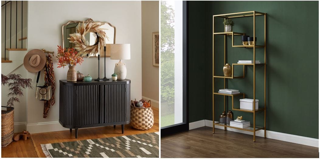 World Market and Spoken furniture: chic antique black media stand/tv stand & gold and glass etagere shelf for art deco home design