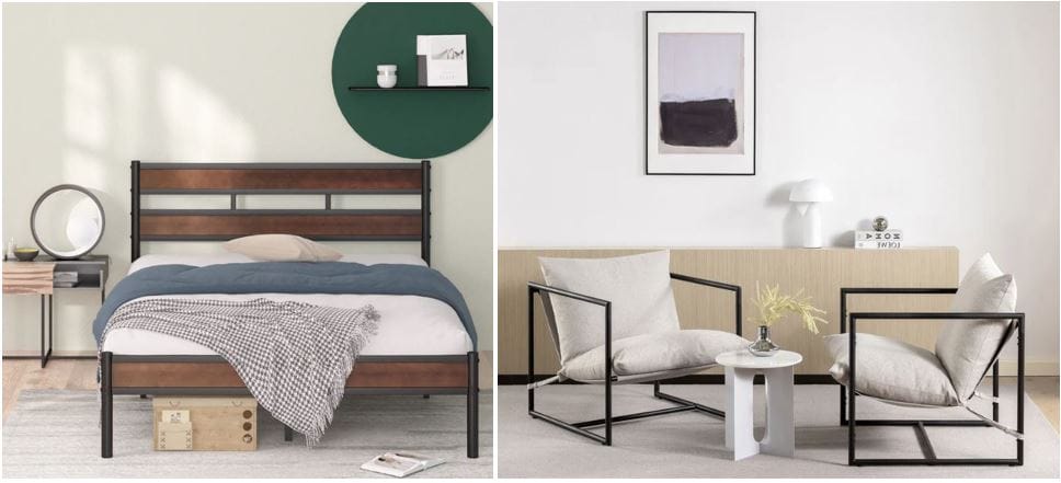 Zinus furniture: Affordable home furnishings; Bamboo and metal bed frame with slatted headboard (twin, full, king, queen); contemporary sling accent chair (light grey, dark grey, navy, black, beige)