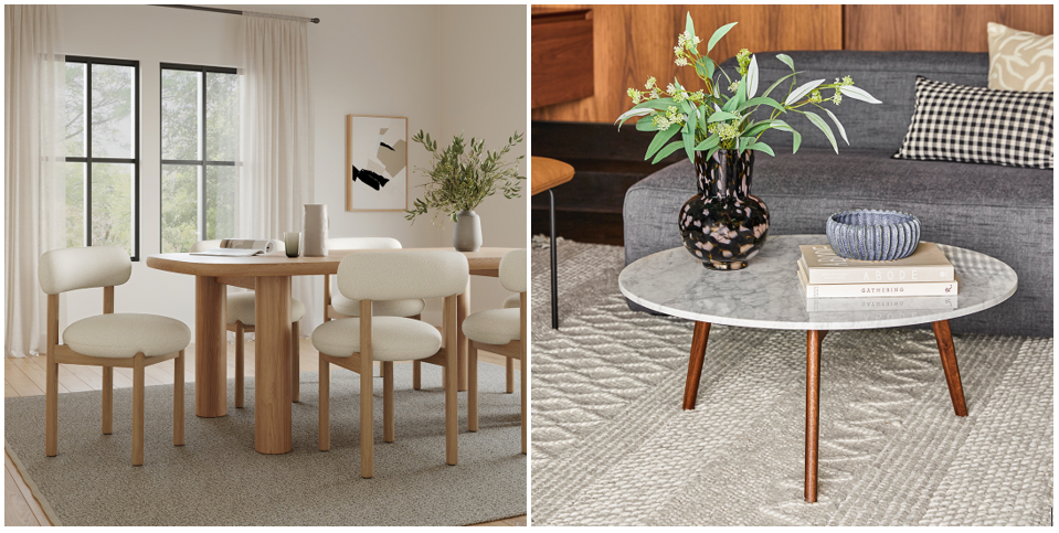 Article Furniture: mid-century modern white oak dining table and chairs & aesthetic walnut coffee table with a polished marble top
