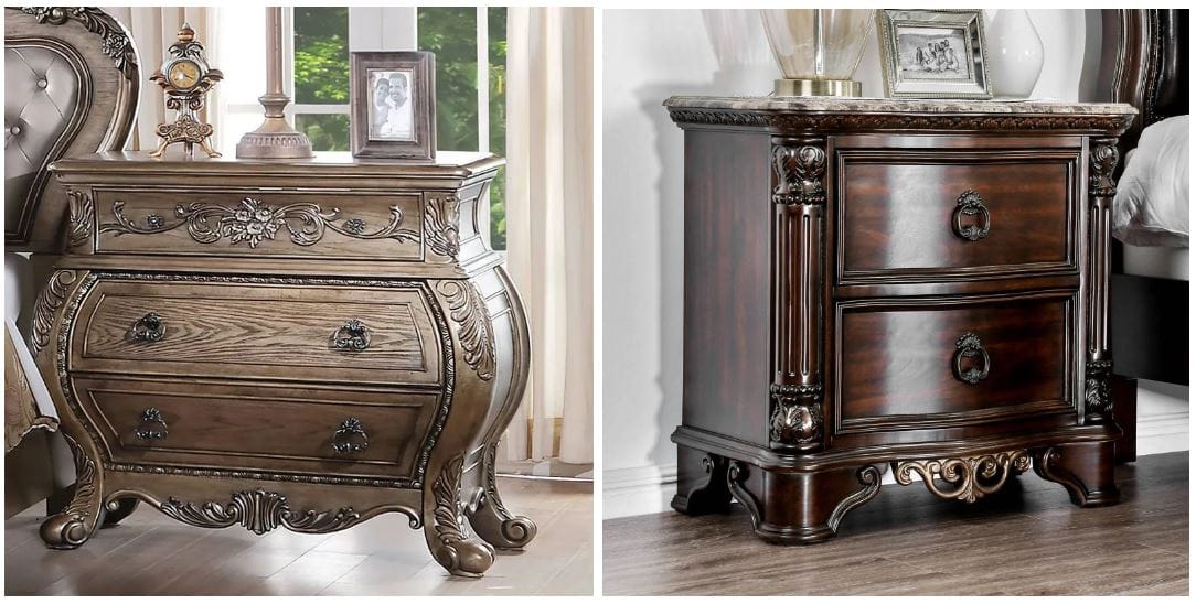 elegant antique style nightstand with French style front and scrolled legs & luxurious cherry brown nightstand with genuine marble top; antique nightstands with felt-lined top drawers