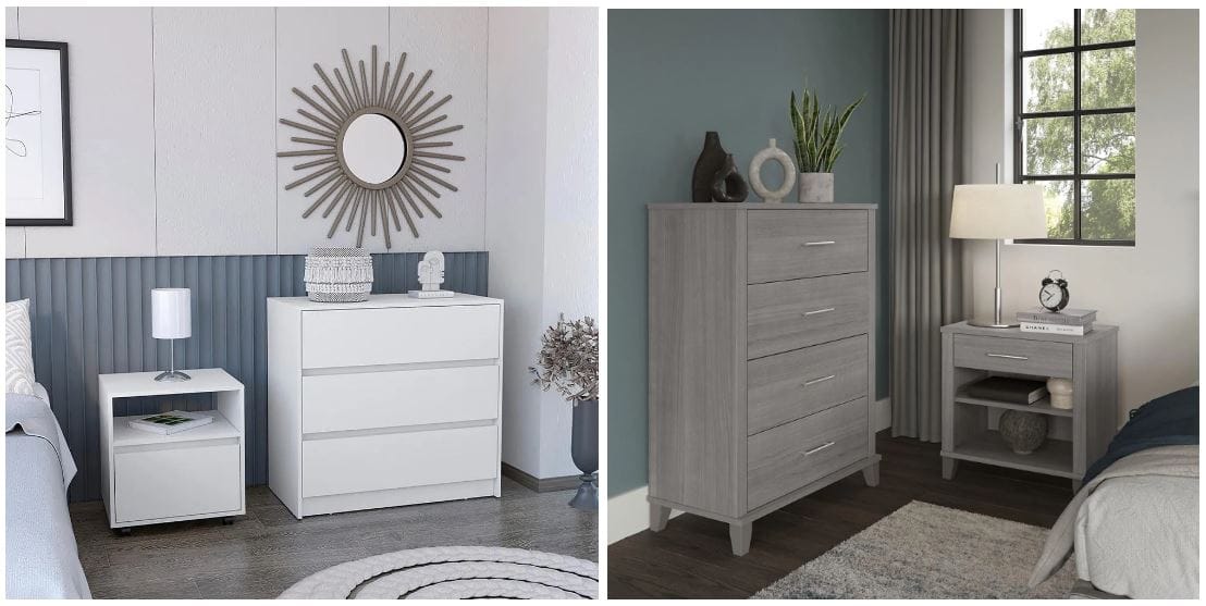 white dresser and nightstand set; modern bedroom furniture; modern nightstand; transitional gray bedroom set with dresser and nightstand; light grey nightstand and dresser