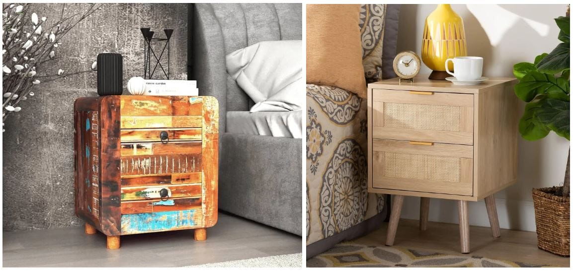 bohemian nightstand made of reclaimed wood; rustic nightstands; retro boho nightstand with rattan drawer faces and gold-tone handles for boho bedroom decor
