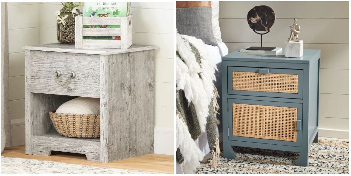 rustic nightstand with rope drawer pull and basket on nightstand shelf & blue-grey nightstand with rattan drawer and cabinet door; modern bedside cabinets for coastal home decor