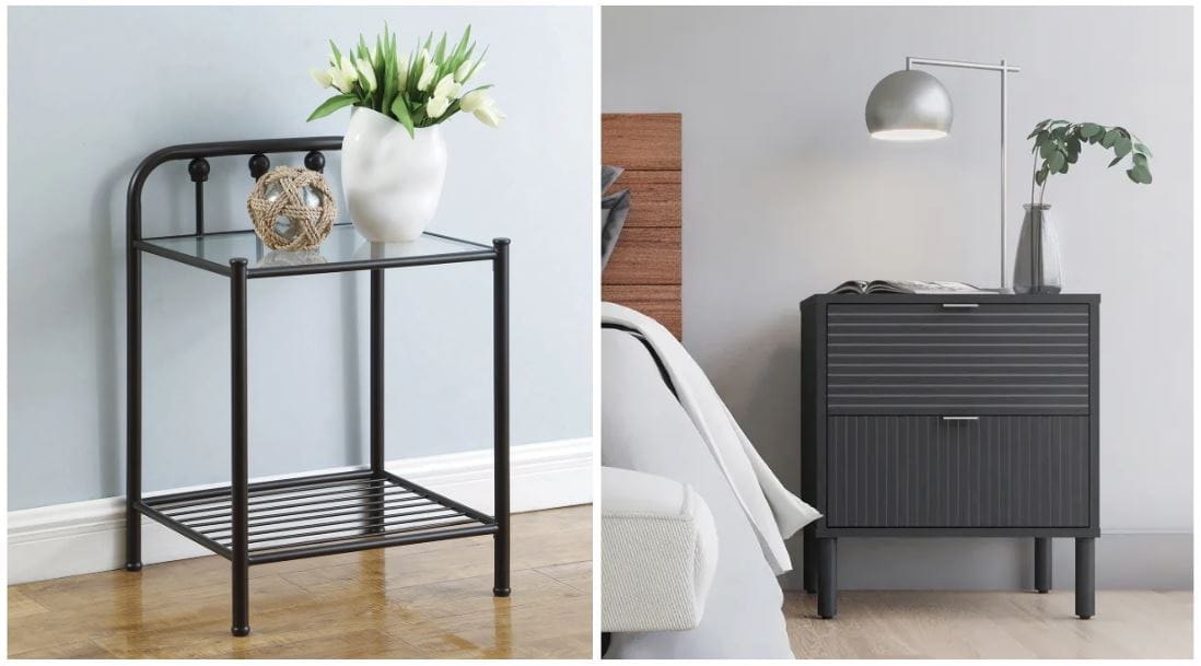 black linear detail contemporary nightstand with flower vase on top & contemporary black nightstand with two drawers and linear detailing