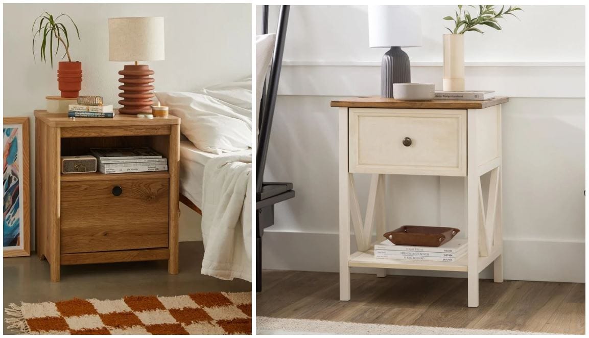 Cottagecore oak nightstand with lamp and plant on top; whitewashed bedside table with small lamp and plant; Gen Z furniture styles