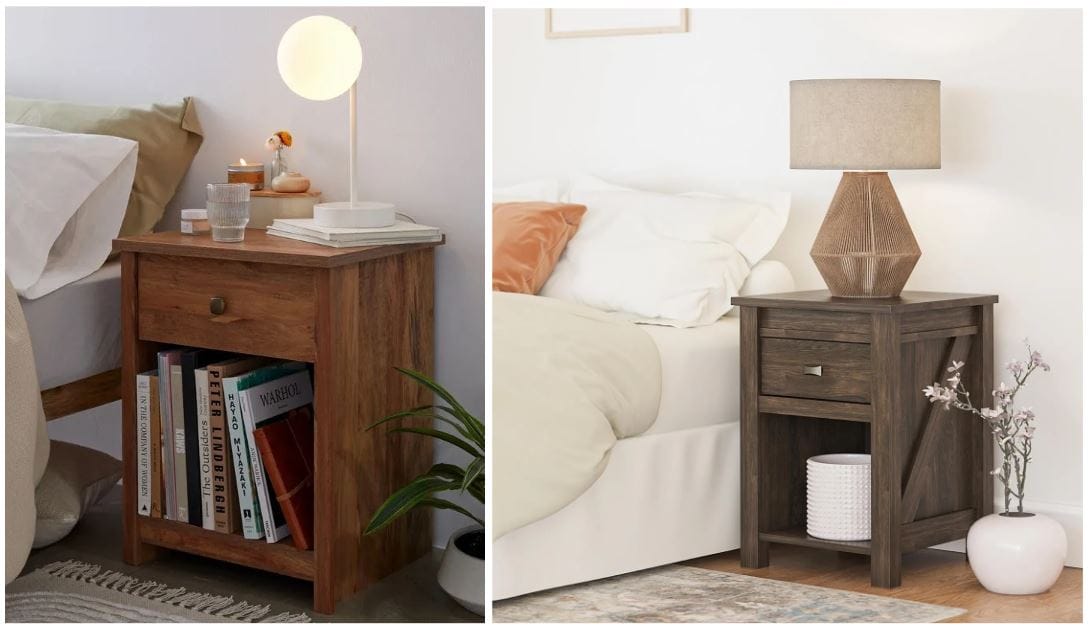 rustic nightstand with shelf beneath for books & oak wood nightstand with lamp for rustic bedroom decor