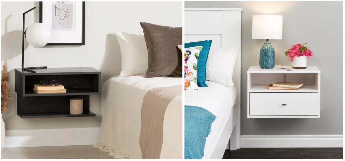 Gray oak floating nightstand with lamp; contemporary nightstands and bedside tables; white floating nightstand with turquoise lamp and flowers for contemporary home decor