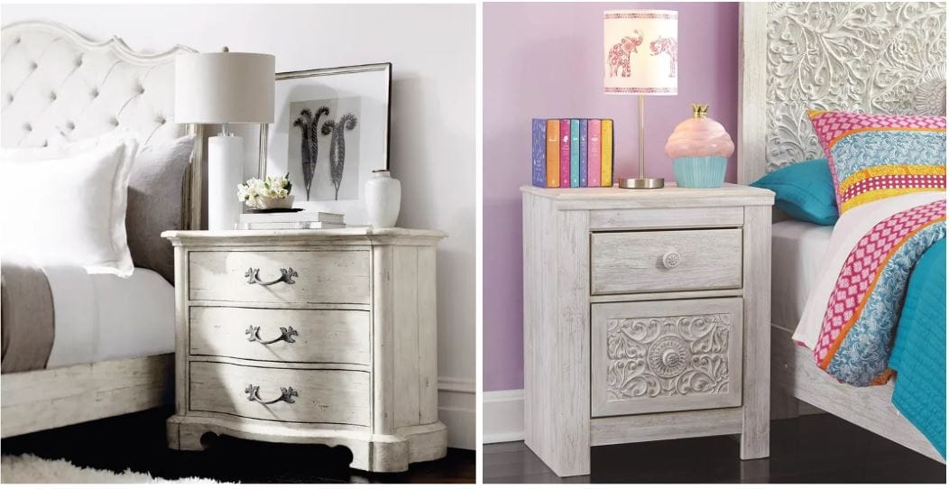 off-white nightstand with 3 drawers next to a bed with an upholstered headboard & distressed, carved nightstand with whitewashing, two drawers, and USB charging ports
