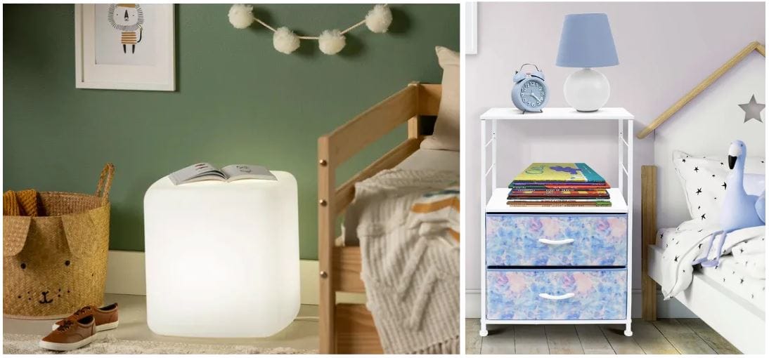 enchanting white lighted nightstand in kid's bedroom beside laundry basket and bed & blue, pink, and purple tie dye nightstand with two drawers next to kids' bed
