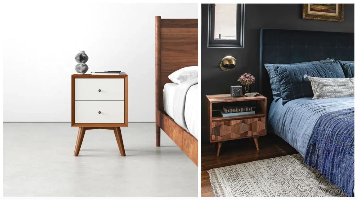 white mid century modern night stand with tapered legs and black knobs & wood nightstand; mid century nightstand styles for bedroom