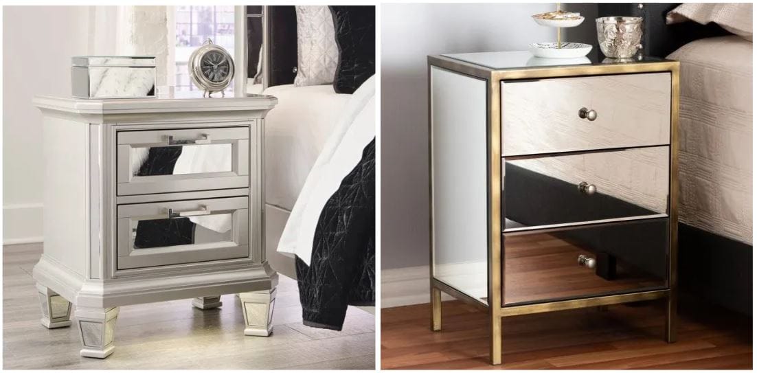 metallic silvertone nightstand with beveled mirror accents, LED nightlight, and USB charging ports; chic industrial mirrored nightstand with antique brass accents