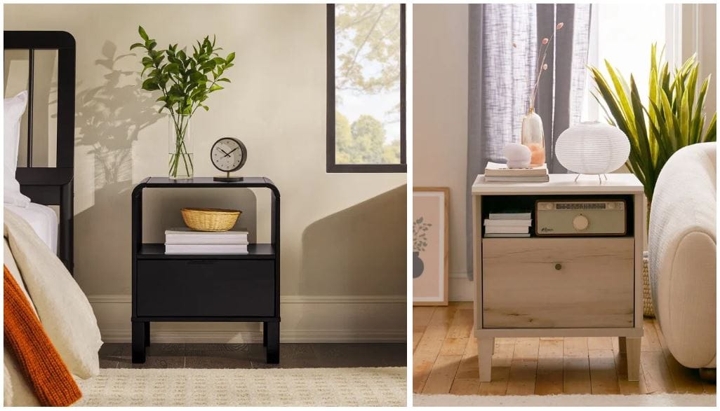 modern black nightstand with one drawer and matching bedframe & curved maple nightstand for lamp, record player, diffuser, relaxing bedroom vibe