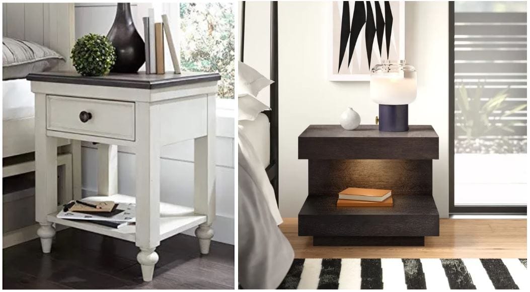 vintage white and rustic oak transitional nightstand with built-in LED lighting; modern brown oak veneer nightstand with LED lighting