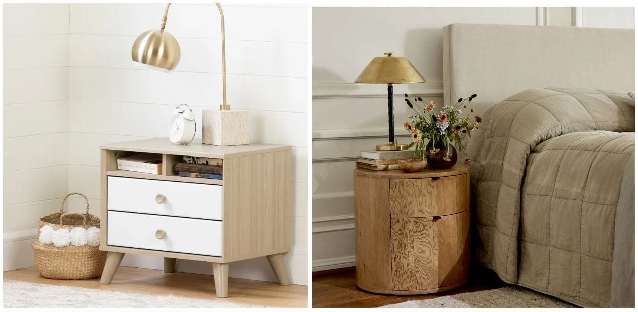 Ikea nightstand lookalikes; small nightstand with two drawers; two drawer nightstands - one elm with white drawers & the other a 2-drawer round oak nighstand