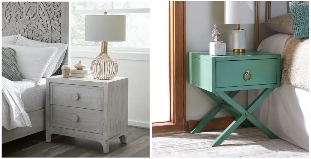 boho chic two-drawer nightstand with dovetail joinery, decorative lamp, and carved matching headboard; sleek contemporary turquoise nightstand with gold drawer pull; contemporary nightstands and bedside tables