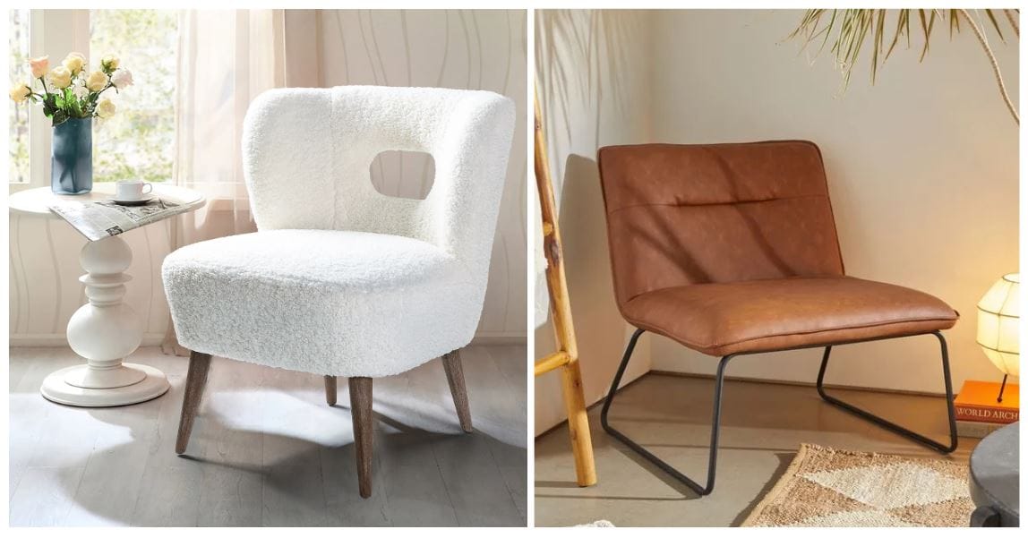 White velvet barrel accent chair; modern white accent chair; faux leather armless accent chair with a curved metal frame; industrial faux leather accent chair