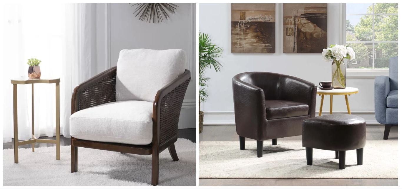 oatmeal top-grain leather barrel accent chair with walnut frame and cane detailing; faux leather barrel chair and ottoman with black legs; traditional accent chairs