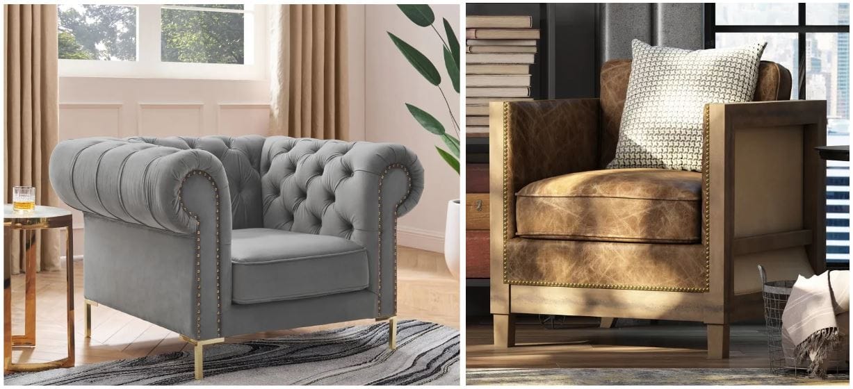 gray velvet upholstered club chair with gold nailhead trim; rustic, transitional slightly distressed leather accent chair in light brown leather with exposed nailhead trim; corner accent chairs; timeless accent chairs