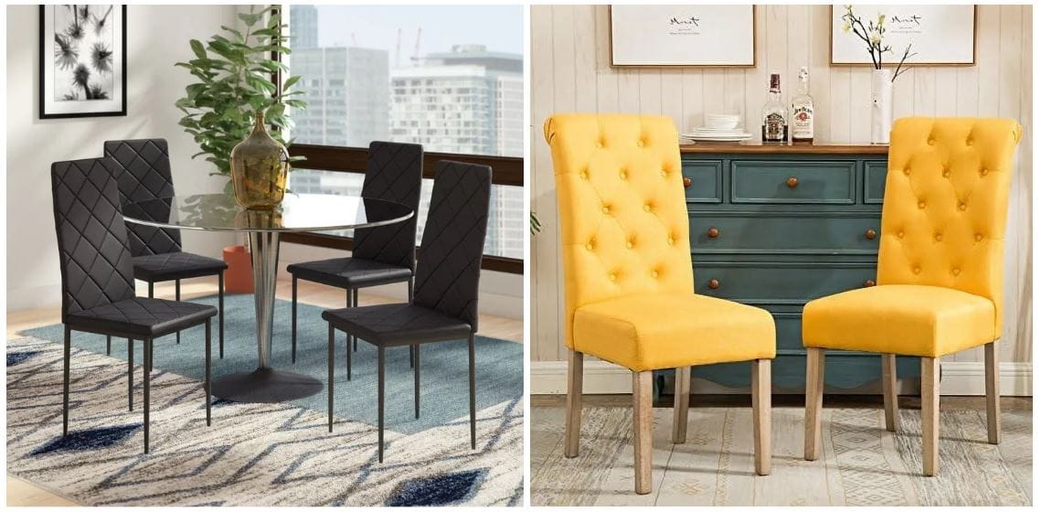 black Parsons chairs for dining room; modern grid tufted black dining chairs; kitchen accent chairs; yellow tufted Parsons chairs; yellow accent chairs for dining room
