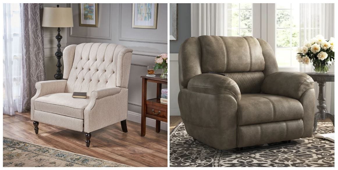 oversized birch recliner with dark wood legs and button-tufted upholstery; contemporary memory foam recliner with power operated recliner, USB port, and massage features; reclining accent chairs for living room